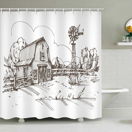 Douchegordijn met tekening van een boerderij
