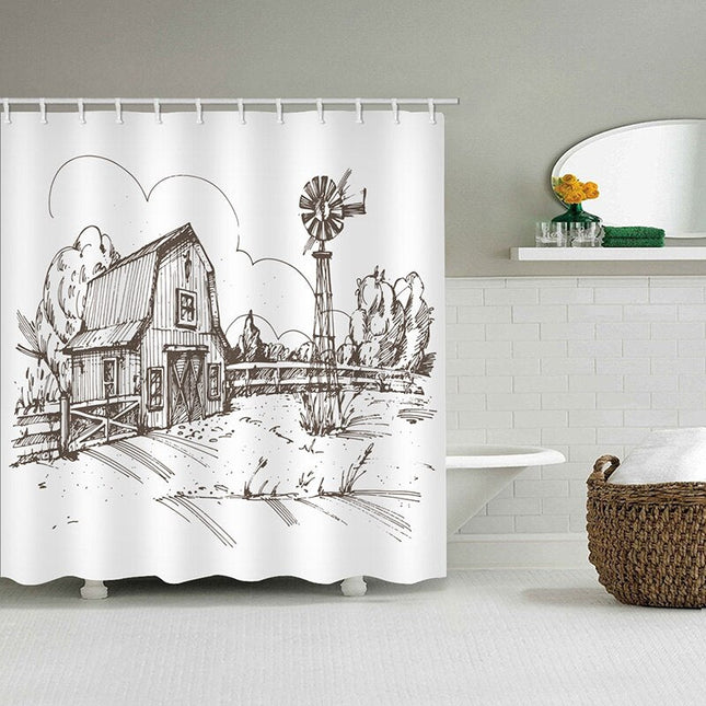 Douchegordijn met tekening van een boerderij