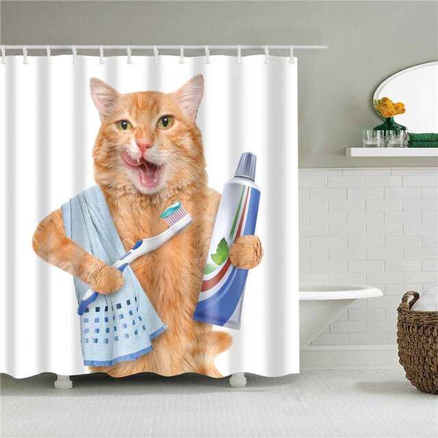 Grappig douchegordijn met tandenpoetsende kat