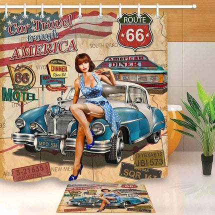Vintage douchegordijn met Route 66 print