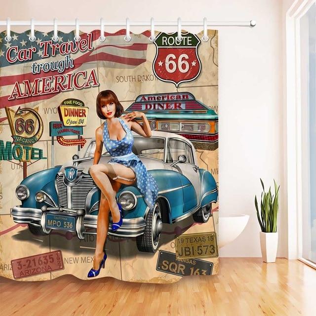 Vintage douchegordijn met Route 66 print