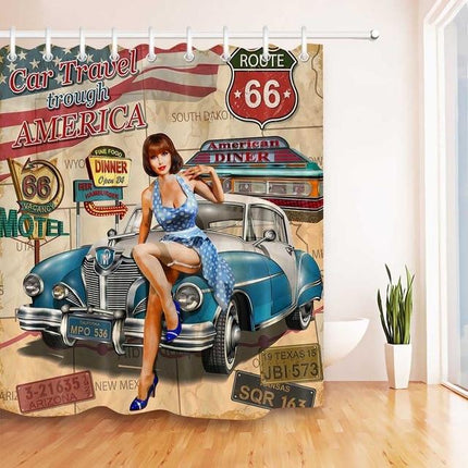 Vintage douchegordijn met Route 66 print
