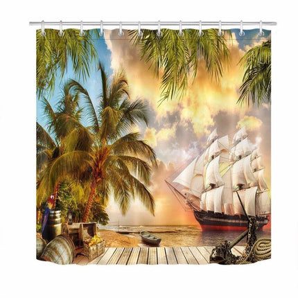 Douchegordijn met piratenschip bij zonsondergang