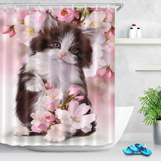 Schattig douchegordijn met kitten en bloemen