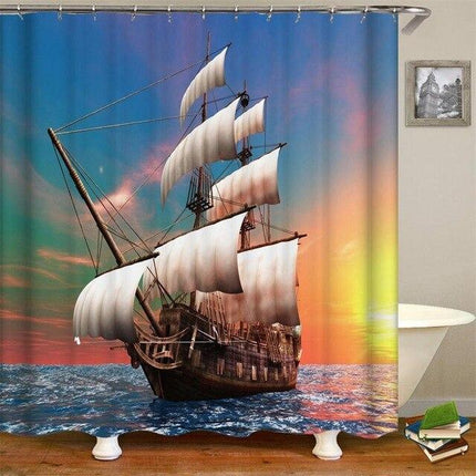 Douchegordijn met zeilschip bij zonsondergang