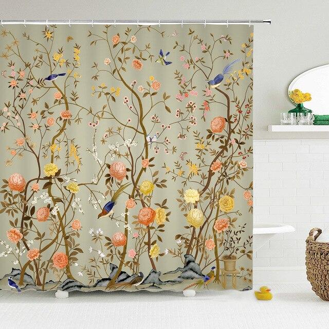 Douchegordijn met vogels en bloemen patroon
