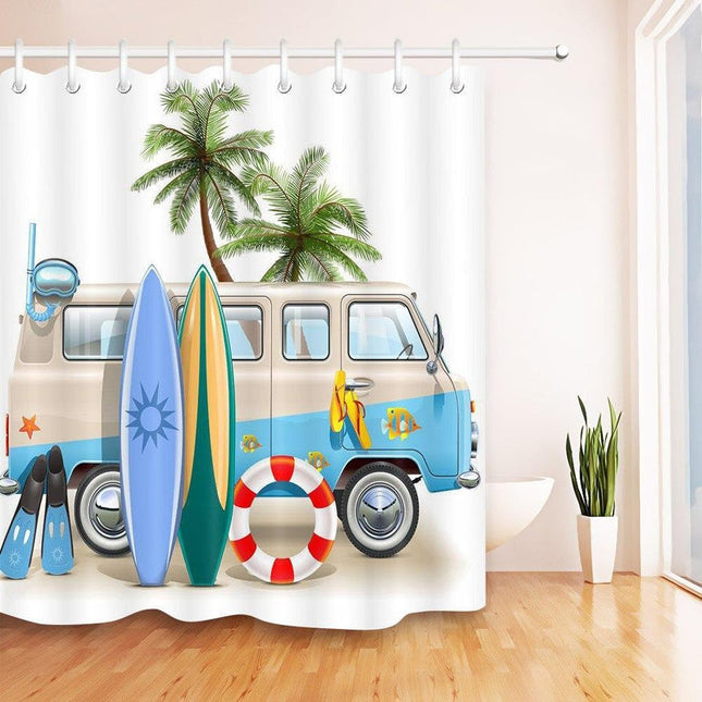 Douchegordijn met strand en surfbus