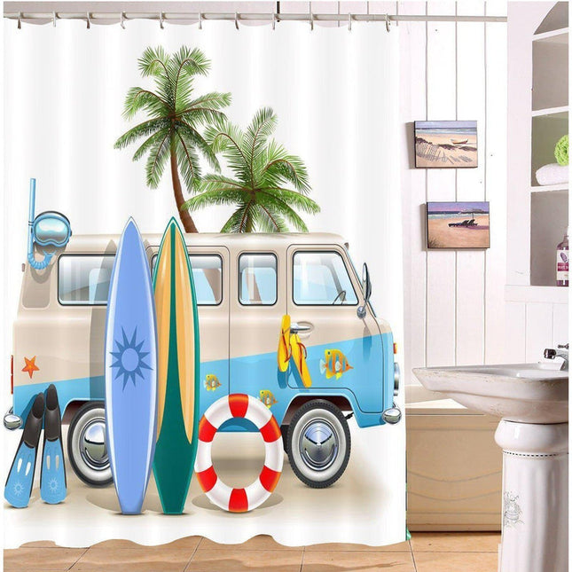 Douchegordijn met strand en surfbus