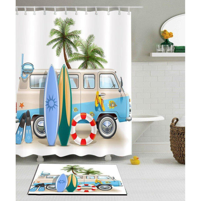 Douchegordijn met strand en surfbus