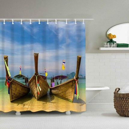Douchegordijn met boten op tropisch strand